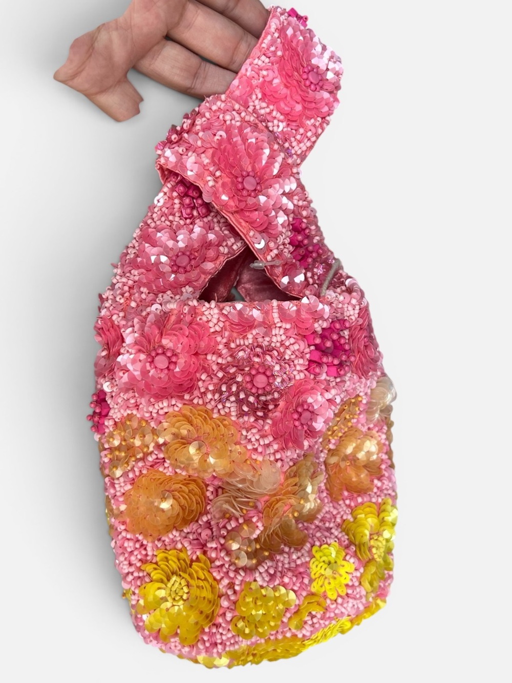 Pink & Yellow Hand Beaded Mini Bucket Bag - Picture 2 of 10